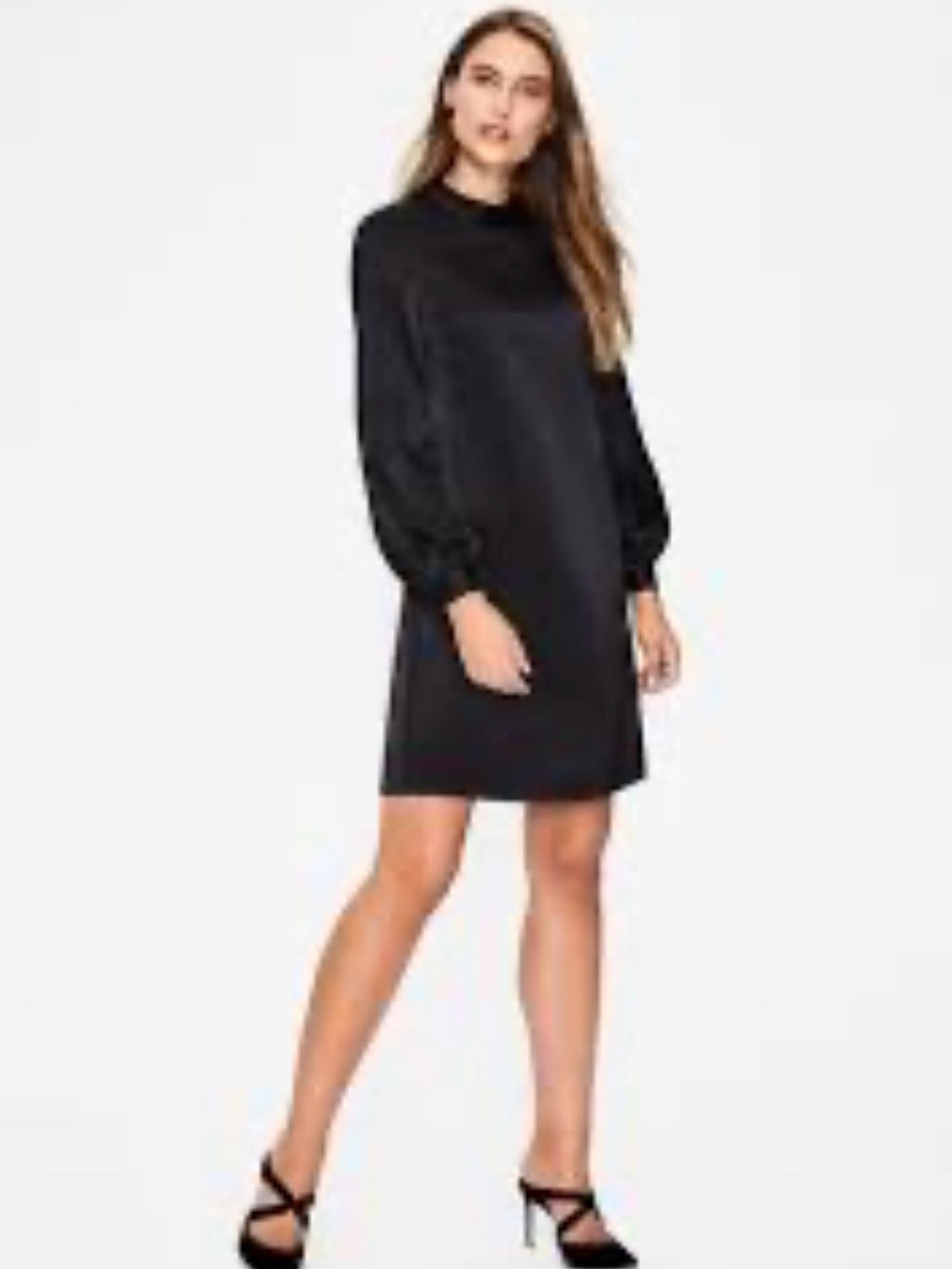 Boden High Neck Black Long-Sleeve Satin Midi/Shift Dress